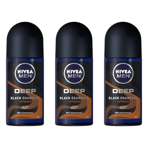 NIVEA MEN DEEP Black Carbon Espresso Anti-Perspirant Roll-On, 50 mL 72-Hour Odor & Sweat Protection, No Visible Black Residue, Long-Lasting Espresso Scent, (Pack of 3)